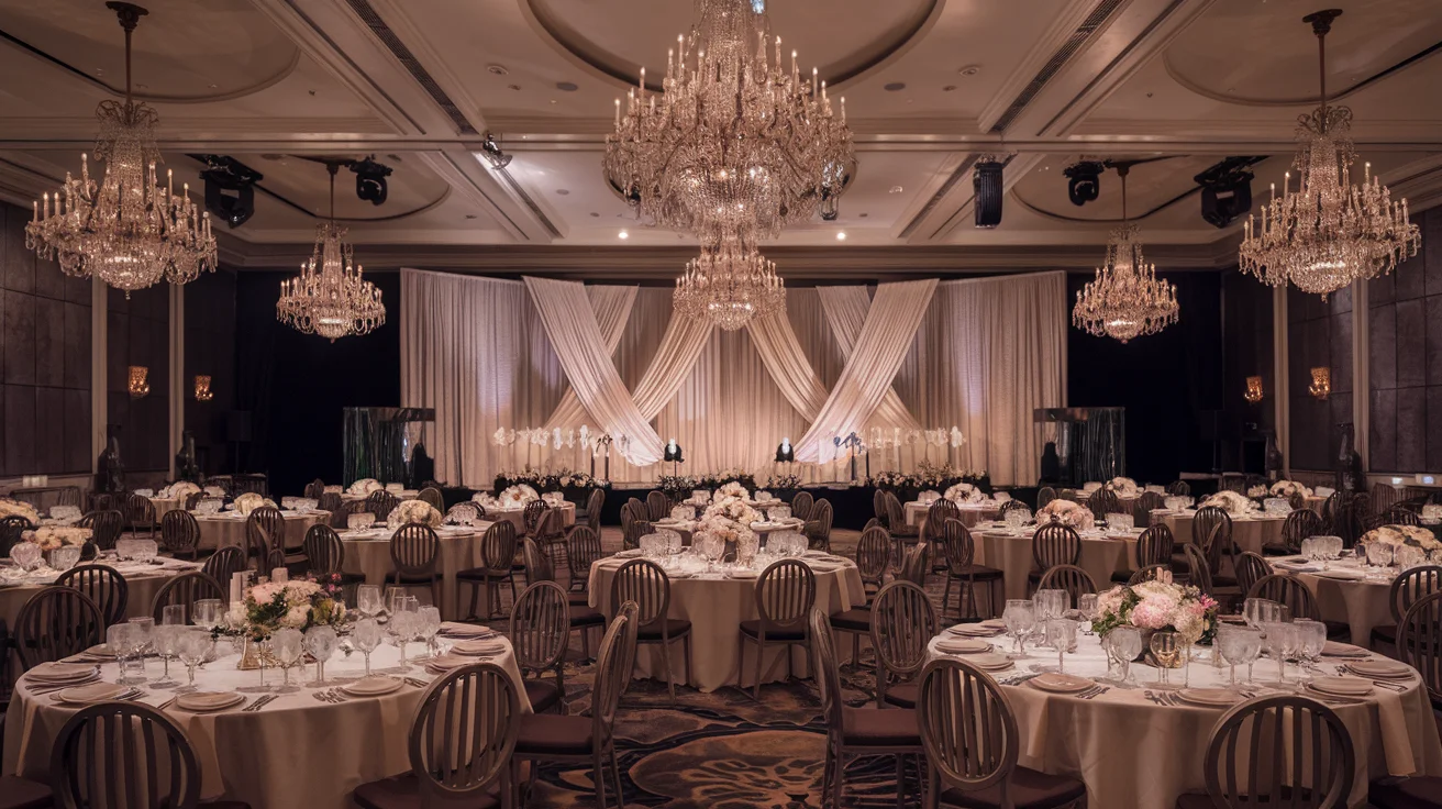 Salle de réception de prestige aménagée pour une soirée de gala d'entreprise