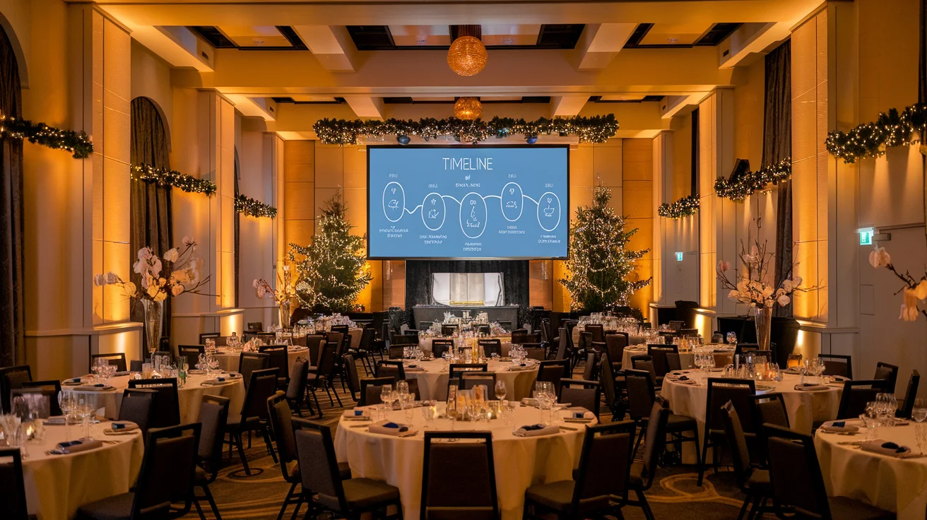 Salle de réception décorée pour un repas de Noël d'entreprise