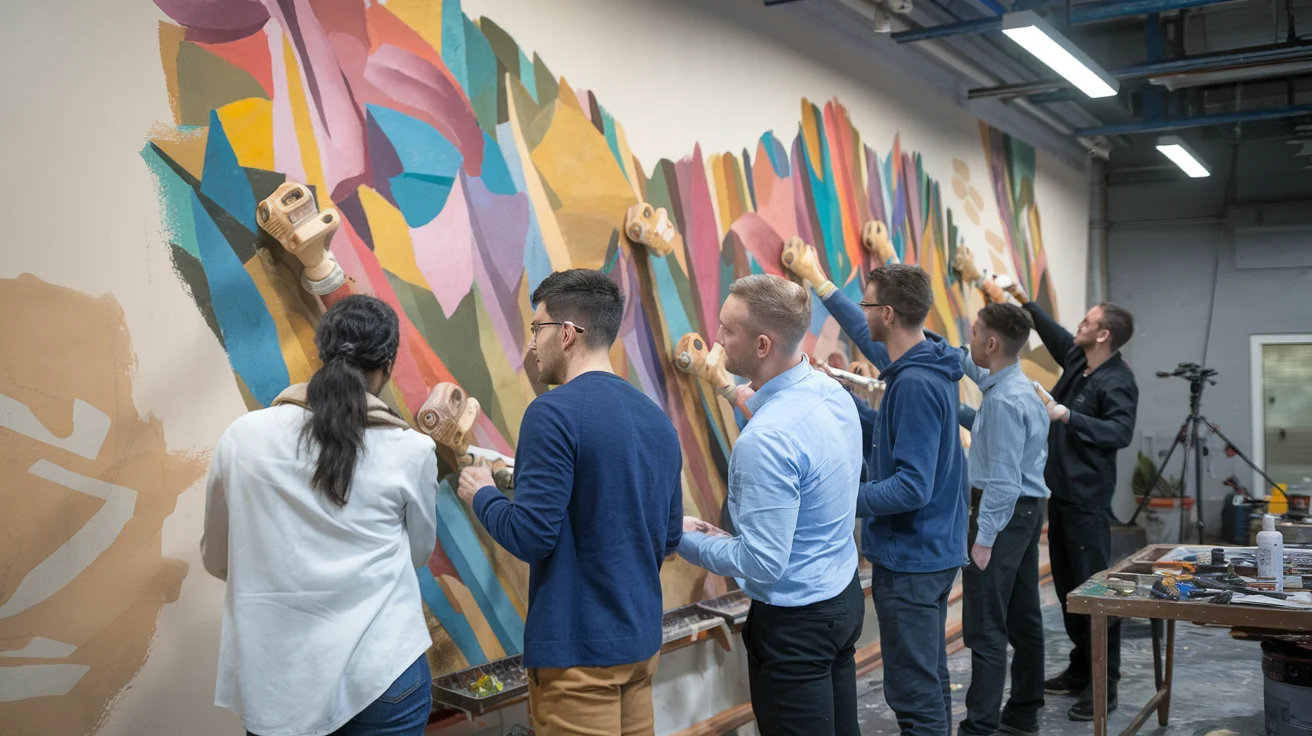 Équipe peignant une fresque collective lors d’une animation team building